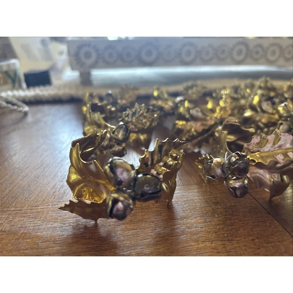 Vintage Christmas Gold Metal Holly Leaf and Bell Berries Napkin Rings Lot Of 12